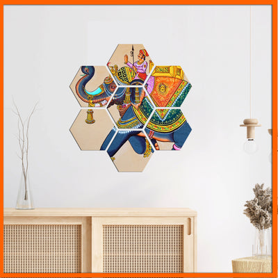 Madhubani Elephants Hexagonal Canvas Wall Painting
