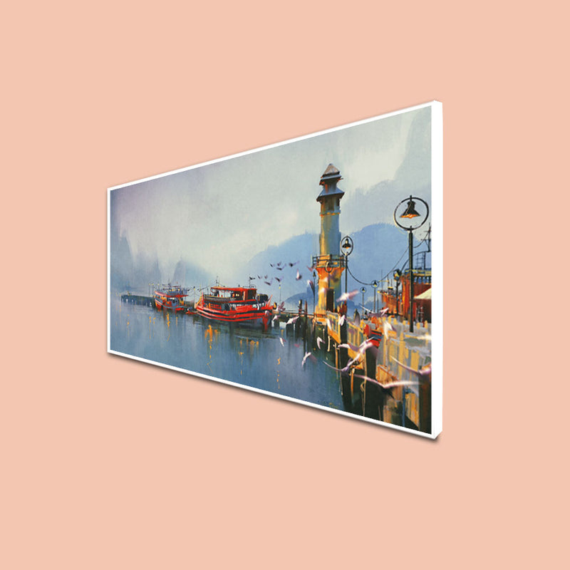 Fishing Boats In Harbor Canvas Floating Frame Wall Painting