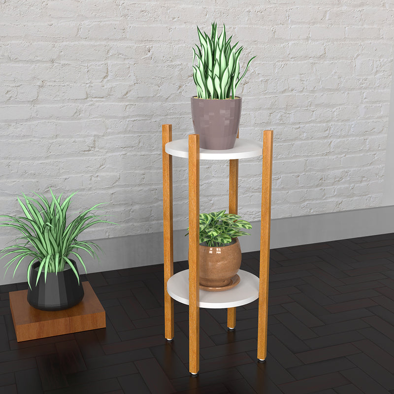 Oak Finish Wooden Round Double Decker Planter Stand