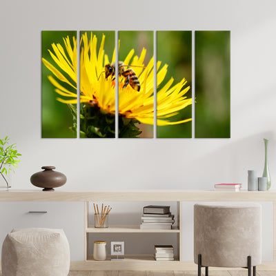 Bee On Sun Flower Canvas  Wall Painting - With 5 Panel