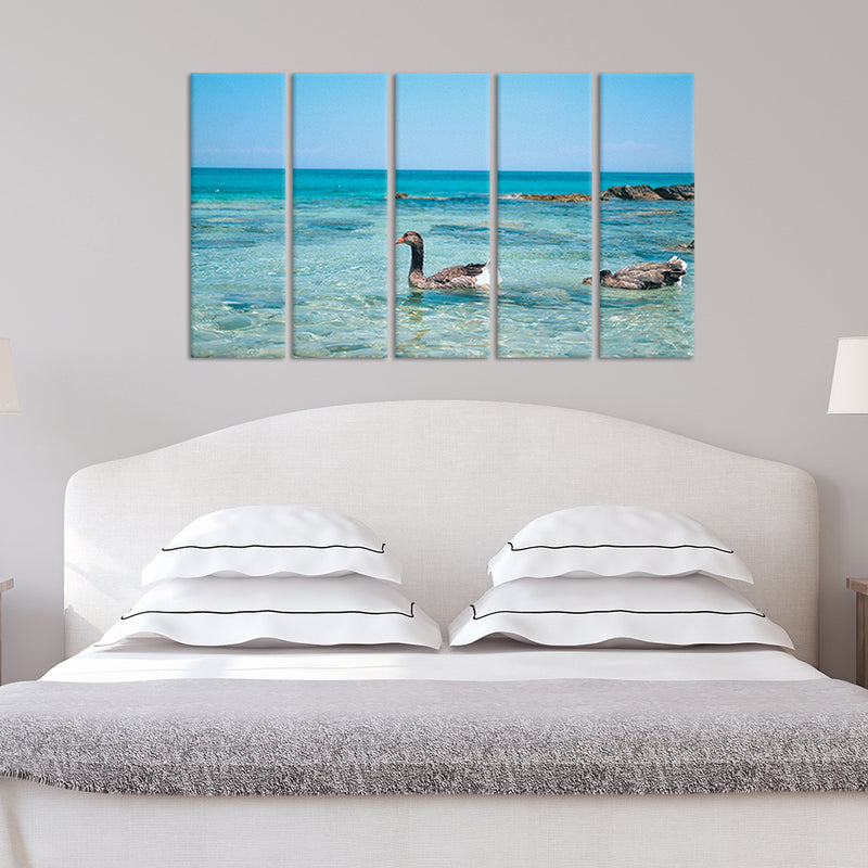 Duck In Water Canvas Wall Painting - With 5 Panel