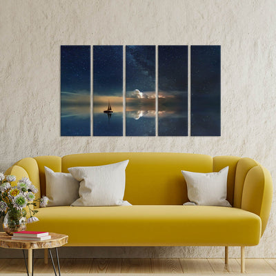 Galaxy Reflection In River Canvas Wall Painting - With 5 Panel