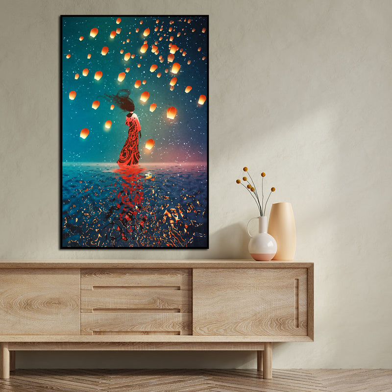 Girl With Sky Lanterns Floating Frame Canvas Wall Painting