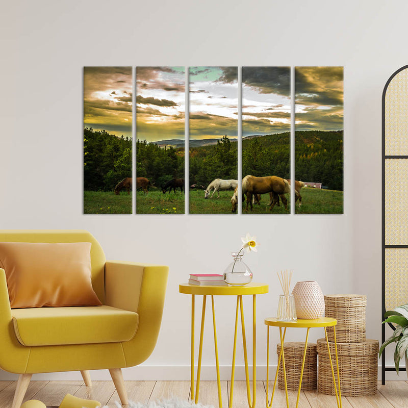 Horses Grazing On Mountain Landscape Canvas Wall Painting - With 5 Panel