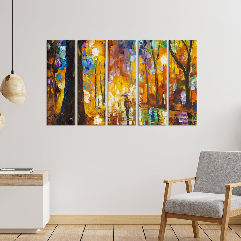 Man In Forest Abstract Canvas Wall Painting - With 5 Panel
