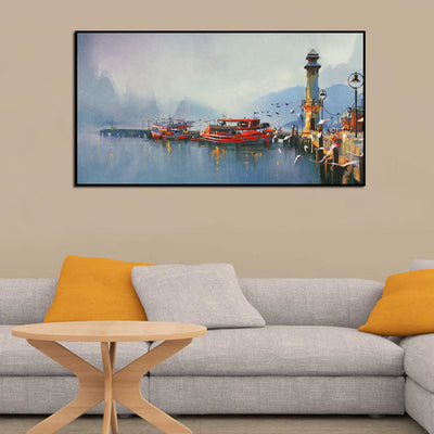 Fishing Boats In Harbor Canvas Floating Frame Wall Painting