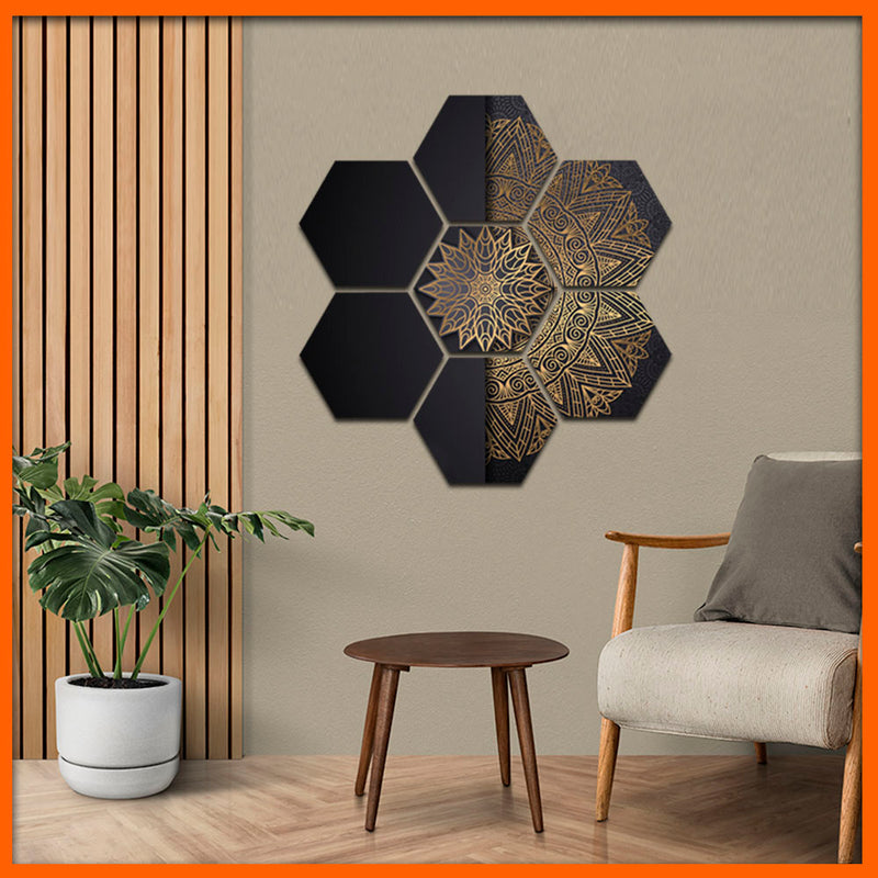 Beautiful Golden Half Flower Hexagonal Canvas Wall Paining - 7pcs