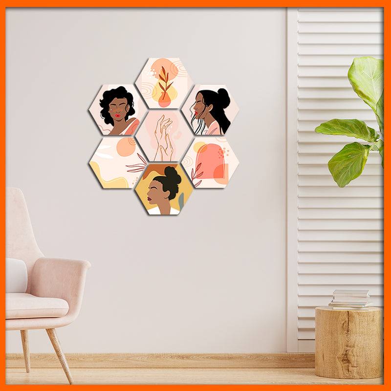 Multi Type Illustration Hexagonal Canvas Wall Painting - 7pcs