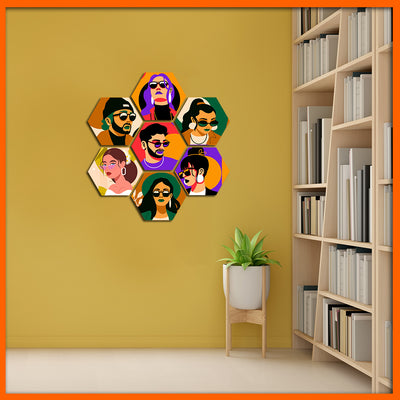 Beautiful Human Illustrative Face Hexagonal Canvas Wall Painting - 7pcs
