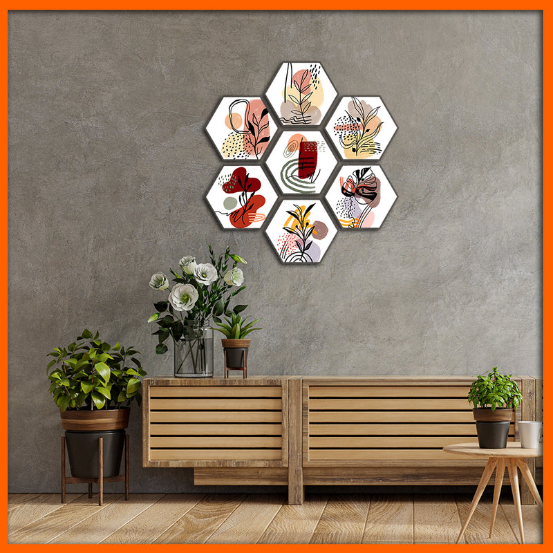 Boho Flowers Hexagonal Canvas Wall Painting - 7pcs