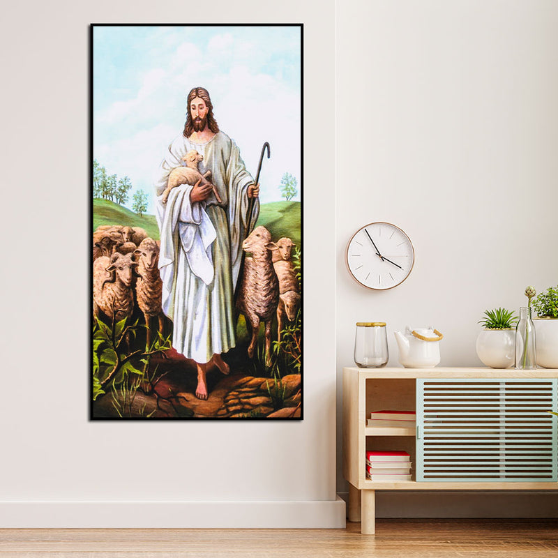 Jesus With Sheep Floating Canvas Wall Painting