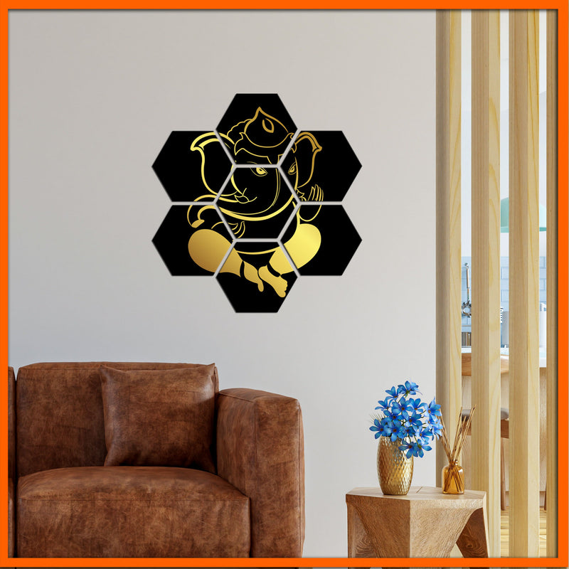 Golden Ganesha Hexagonal Canvas Wall Painting