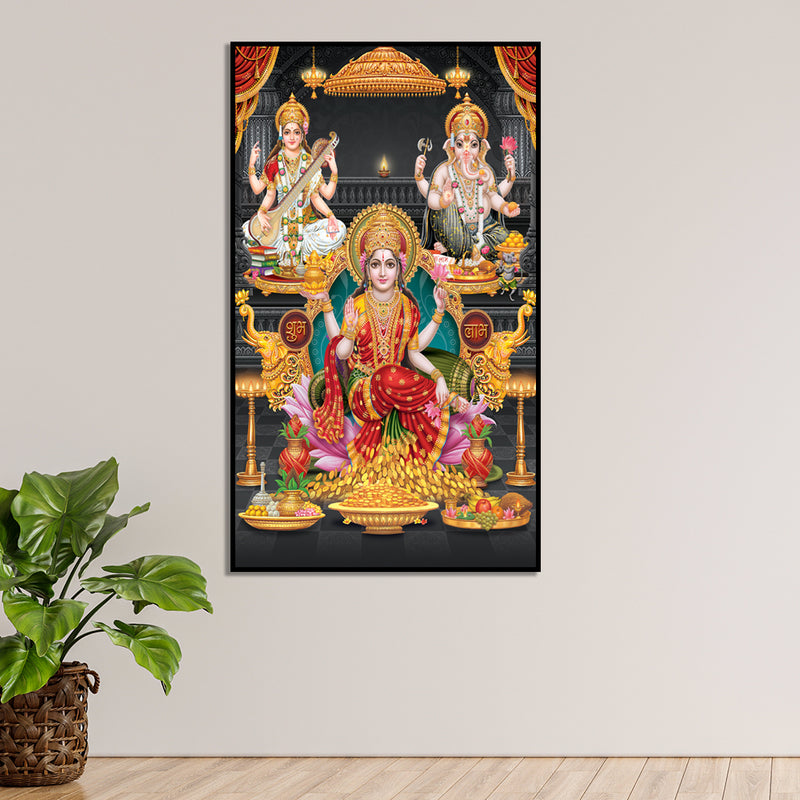 Laxmi Ganesha & Saraswati Floating Frame Canvas Wall Painting