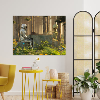 Alien and robot playing chess Together Canvas Wall Painting