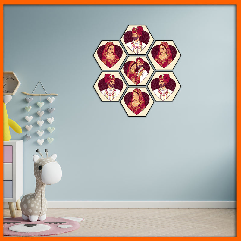 Bride & Groom Hexagonal Canvas Wall Painting - 7pcs