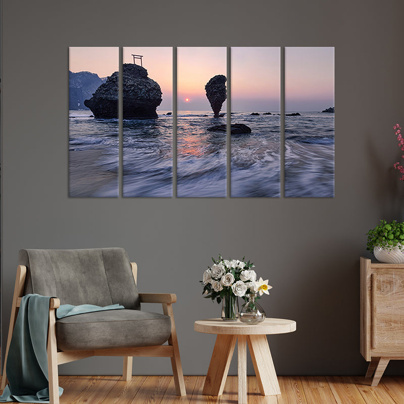 Huge Rock Sticking Out Of The Water Canvas Wall Painting - With 5 Panel