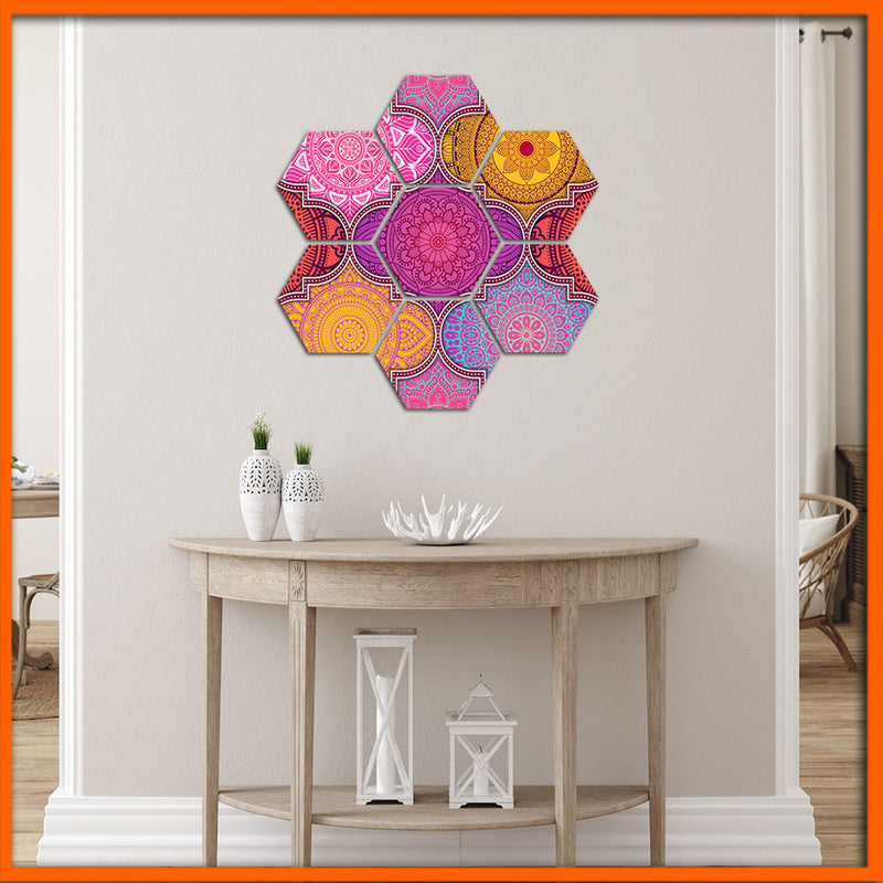 Colorful Mandala Art Hexagonal Canvas Wall Painting - 7pcs