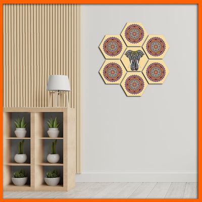 Mandala Pattern Elephant & Flower Hexagonal Canvas Wall Painting - 7pcs