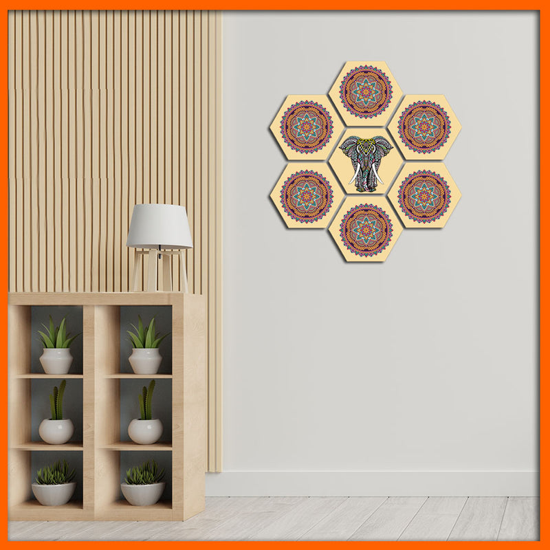 Mandala Pattern Elephant & Flower Hexagonal Canvas Wall Painting - 7pcs