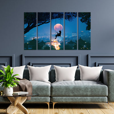 Night View With Moon & Girl Canvas Wall Painting - With 5 Panel