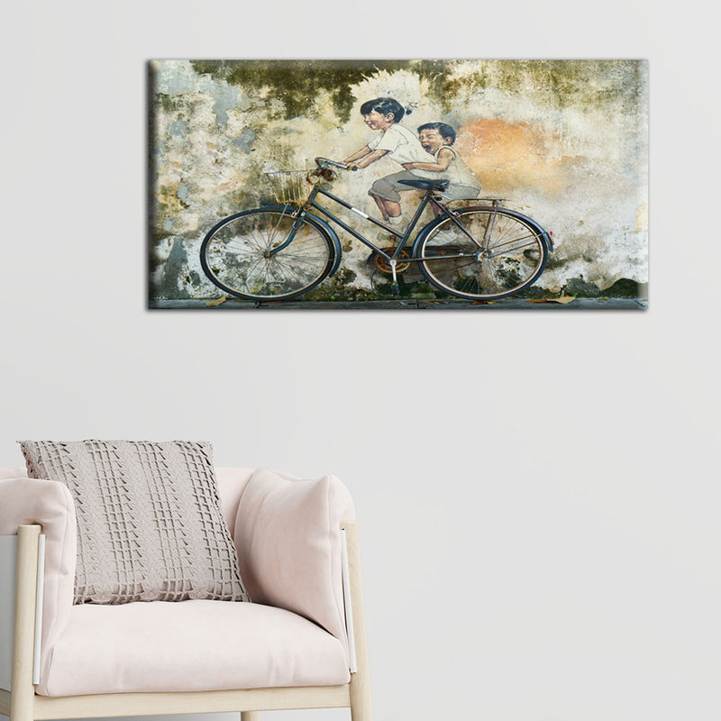 Kids On Old Bicycle Artistic View Canvas Wall Painting