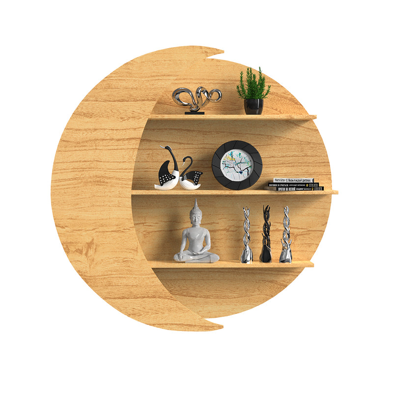 Moon Shape Wood Wall Shelf / Book Shelf, Oak Finish