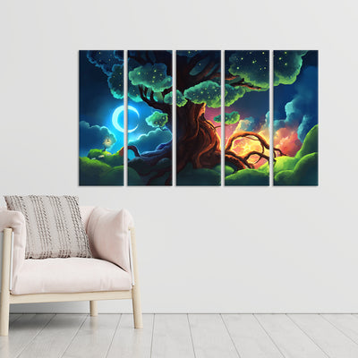 Illustration Tree Canvas Wall Painting - With 5 Panel