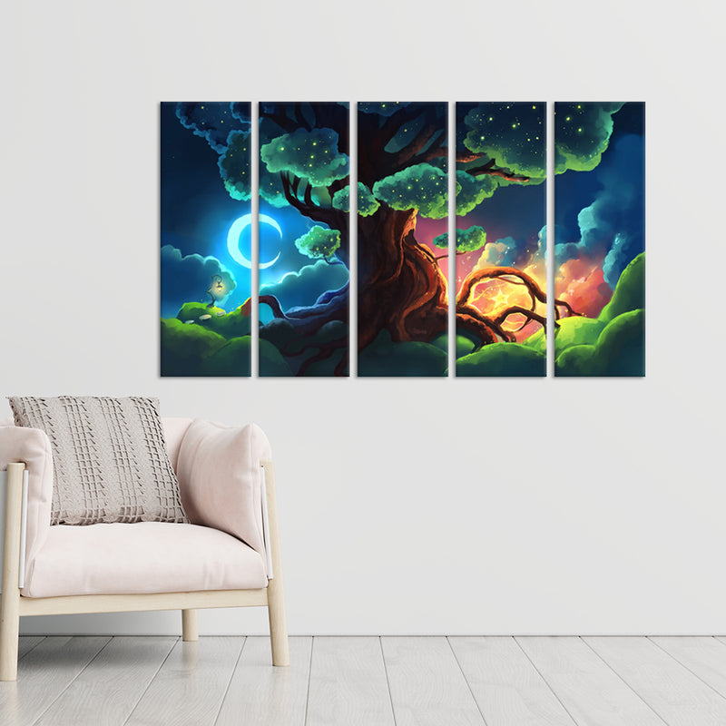Illustration Tree Canvas Wall Painting - With 5 Panel