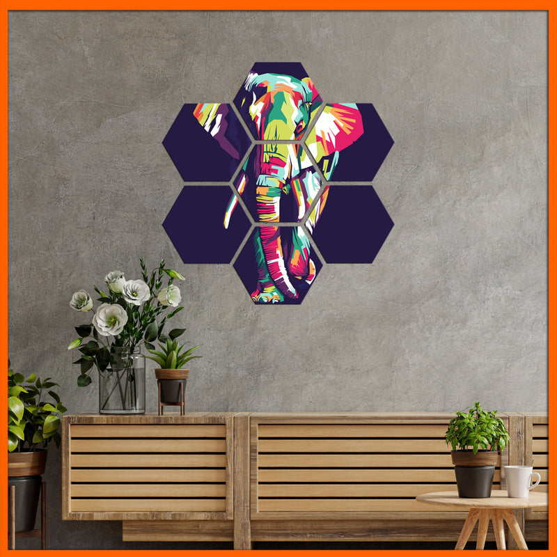 Abstract Elephant Hexagonal Canvas Wall Painting - 7pcs
