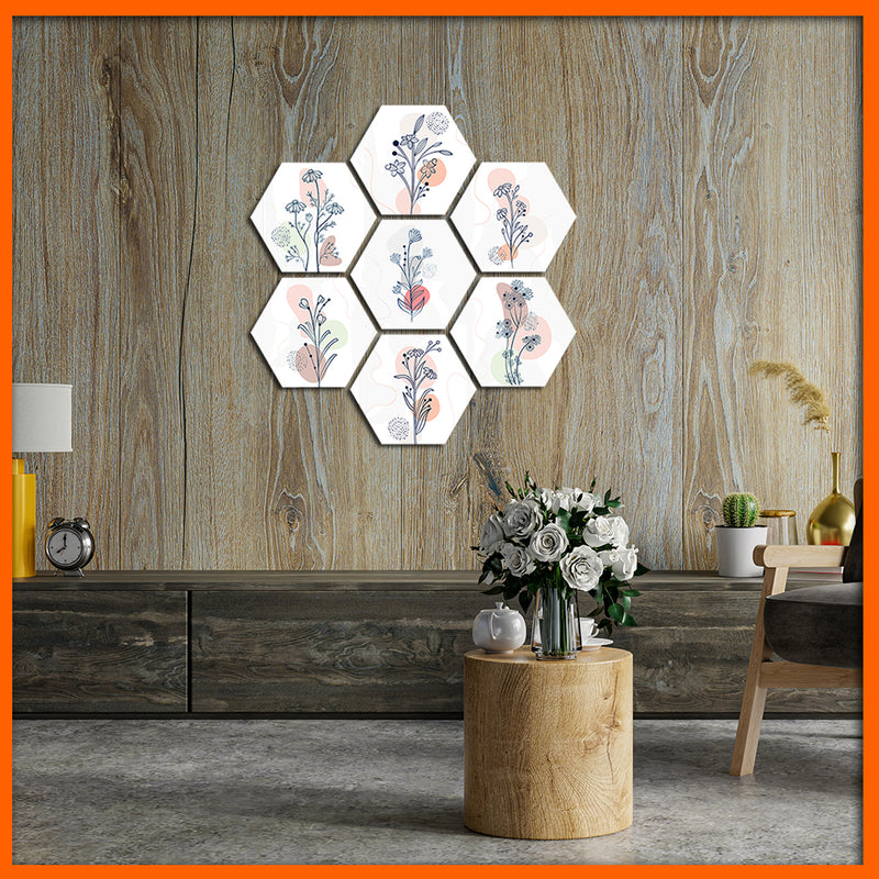 Different Illustrative Flower Hexagonal Canvas Wall Painting - 7pcs