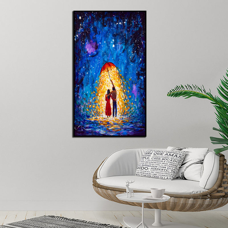 Couple Under Glowing Umbrella Illustration Floating Frame Canvas Wall Painting