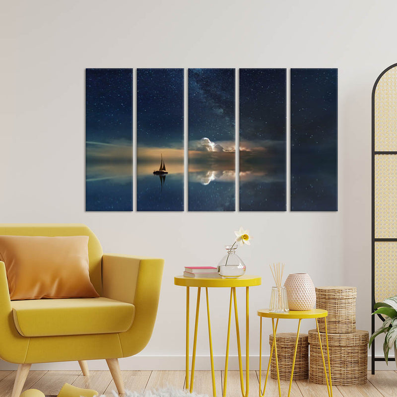 Galaxy Reflection In River Canvas Wall Painting - With 5 Panel