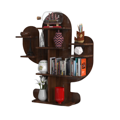Cactus Shape Wood Wall Shelf / Book Shelf, Walnut Finish