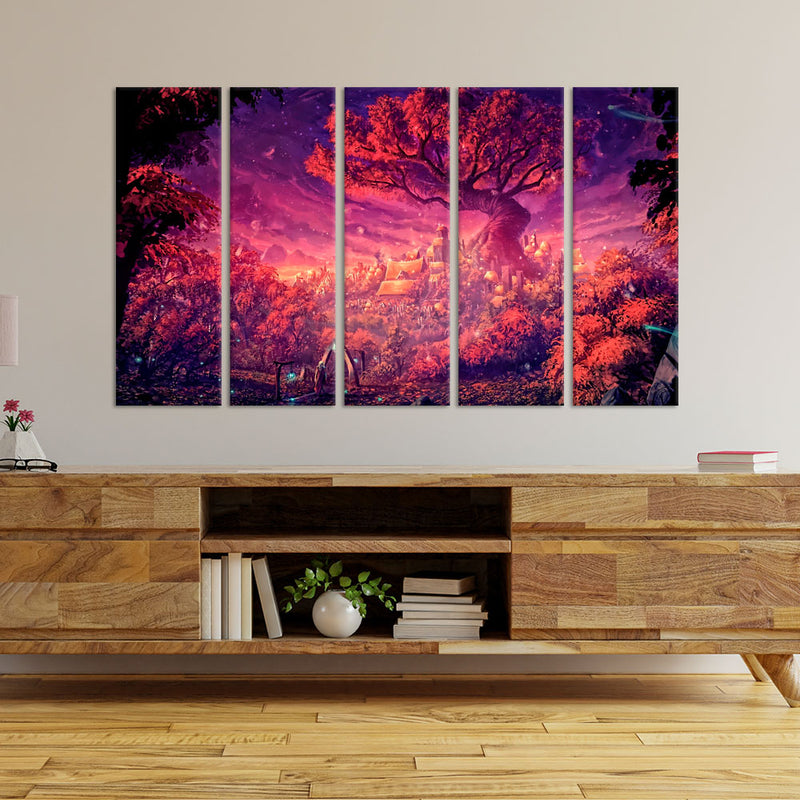Midnight Tree With Light Scenery Canvas Wall Painting - With 5 Panel