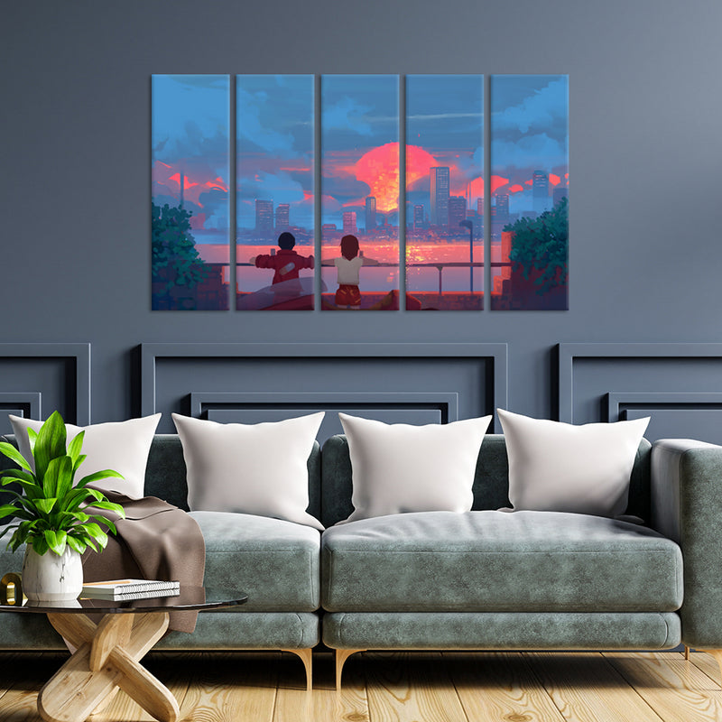 Couple Illustration Canvas Wall Painting - With 5 Panel