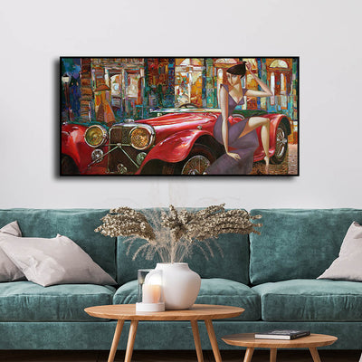 Girl With Car Abstract Floating Frame Canvas Wall Painting