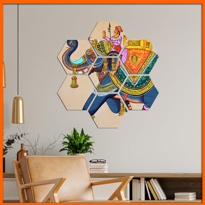Madhubani Elephants Hexagonal Canvas Wall Painting