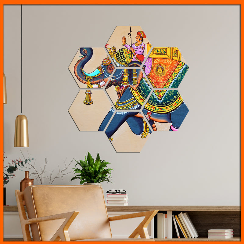 Madhubani Elephants Hexagonal Canvas Wall Painting