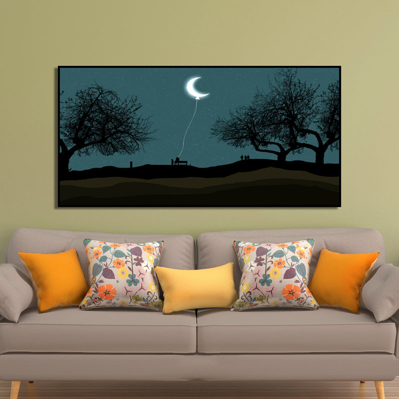 Moon Hanging With Rope Night Scenery Canvas Floating Frame Wall Painting