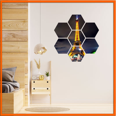 Eiffel Tower Night View Hexagonal Canvas Wall Painting - 7pcs
