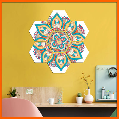 Flower Mandala Hexagonal Canvas Wall Painting - 7pcs
