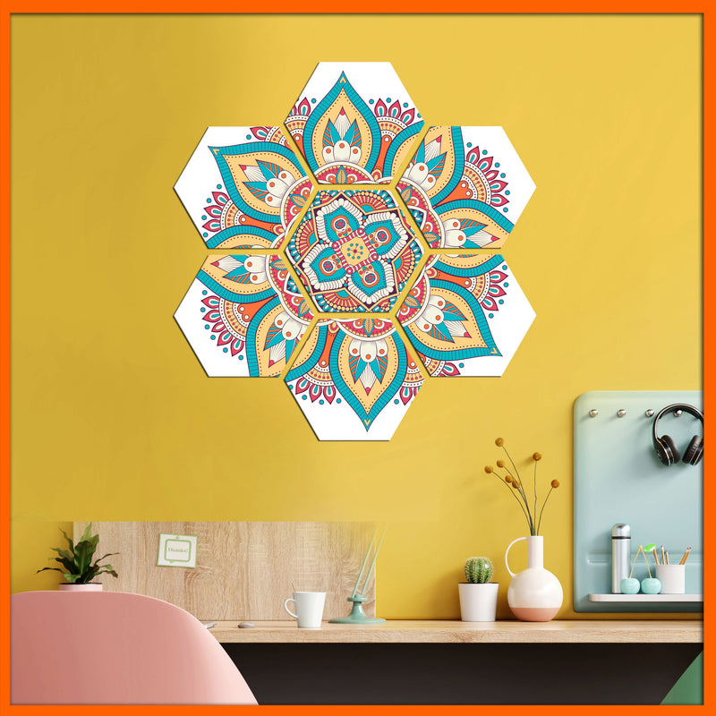 Flower Mandala Hexagonal Canvas Wall Painting - 7pcs