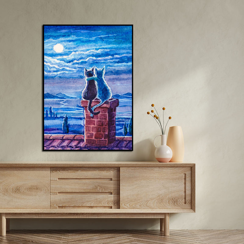 Cats Sitting On Roof Under Moonlight Floating Frame Canvas Wall Painting