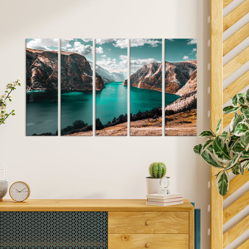 Moraine Lake Mountain View Canvas Wall Painting - With 5 Panel