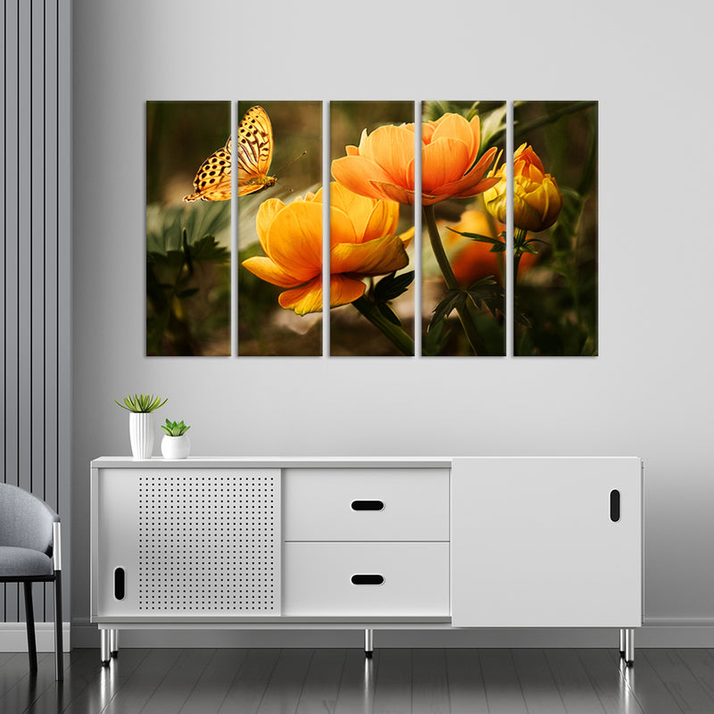 Butterfly Sitting On Flower Canvas Wall Painting - With 5 Panel