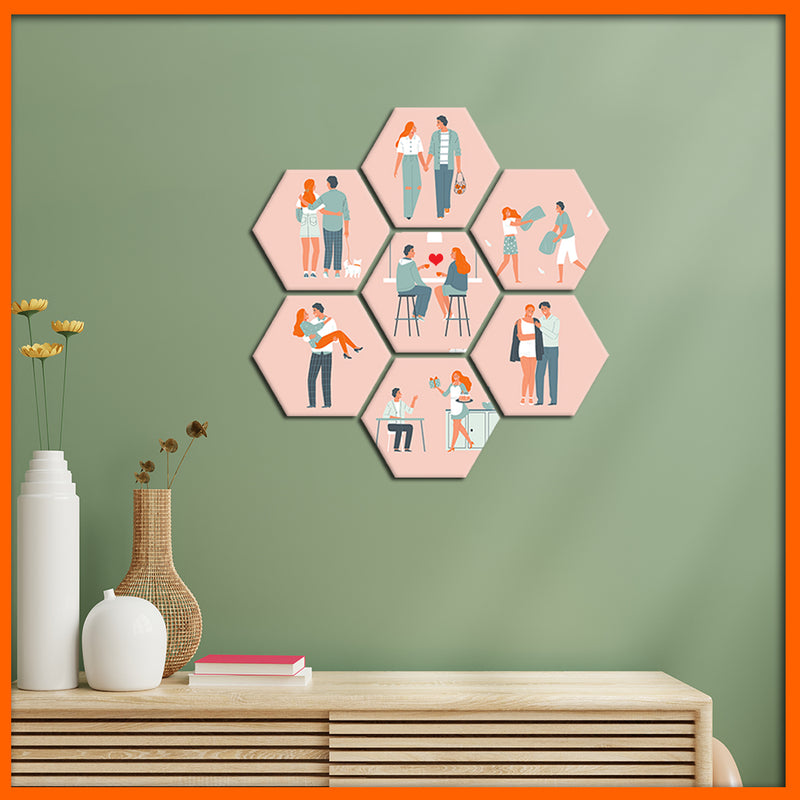 Couple Illustration Hexagonal Canvas Wall Painting - 7pcs