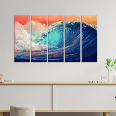 Colourful Sea Waves Canvas Wall Painting - With 5 Panel