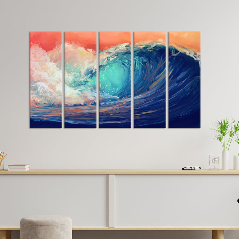 Colourful Sea Waves Canvas Wall Painting - With 5 Panel