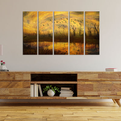 Abstract Village View Painting Canvas Wall Painting - With 5 Panel