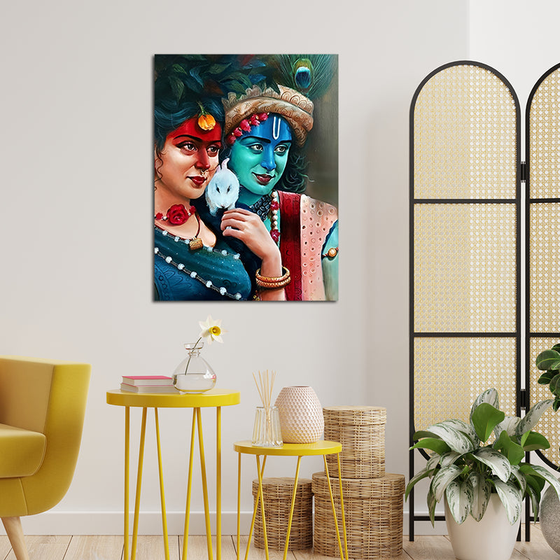 Colorful Radha Krishna Portrait Canvas Wall Painting